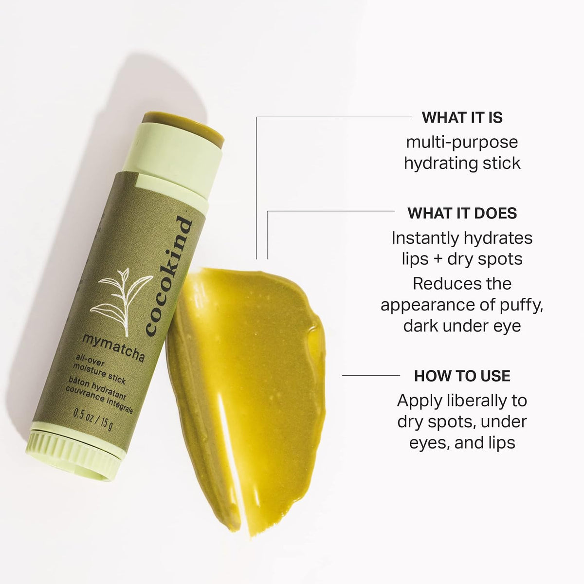 Cocokind multi use balm stick twist up mechanism displaying the green matcha balm.