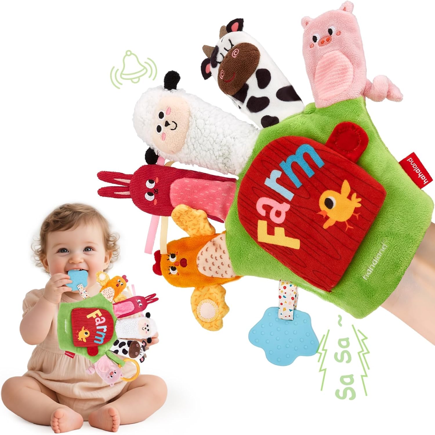 Hahaland baby sensory toys farm animal hand puppets front view featuring five plush finger puppets and attached silicone teether.