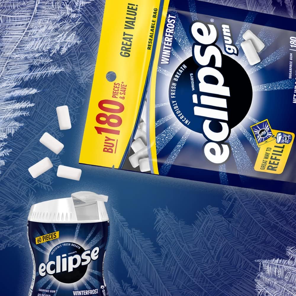 Opening the resealable bag of authentic Eclipse Winterfrost sugarless chewing gum