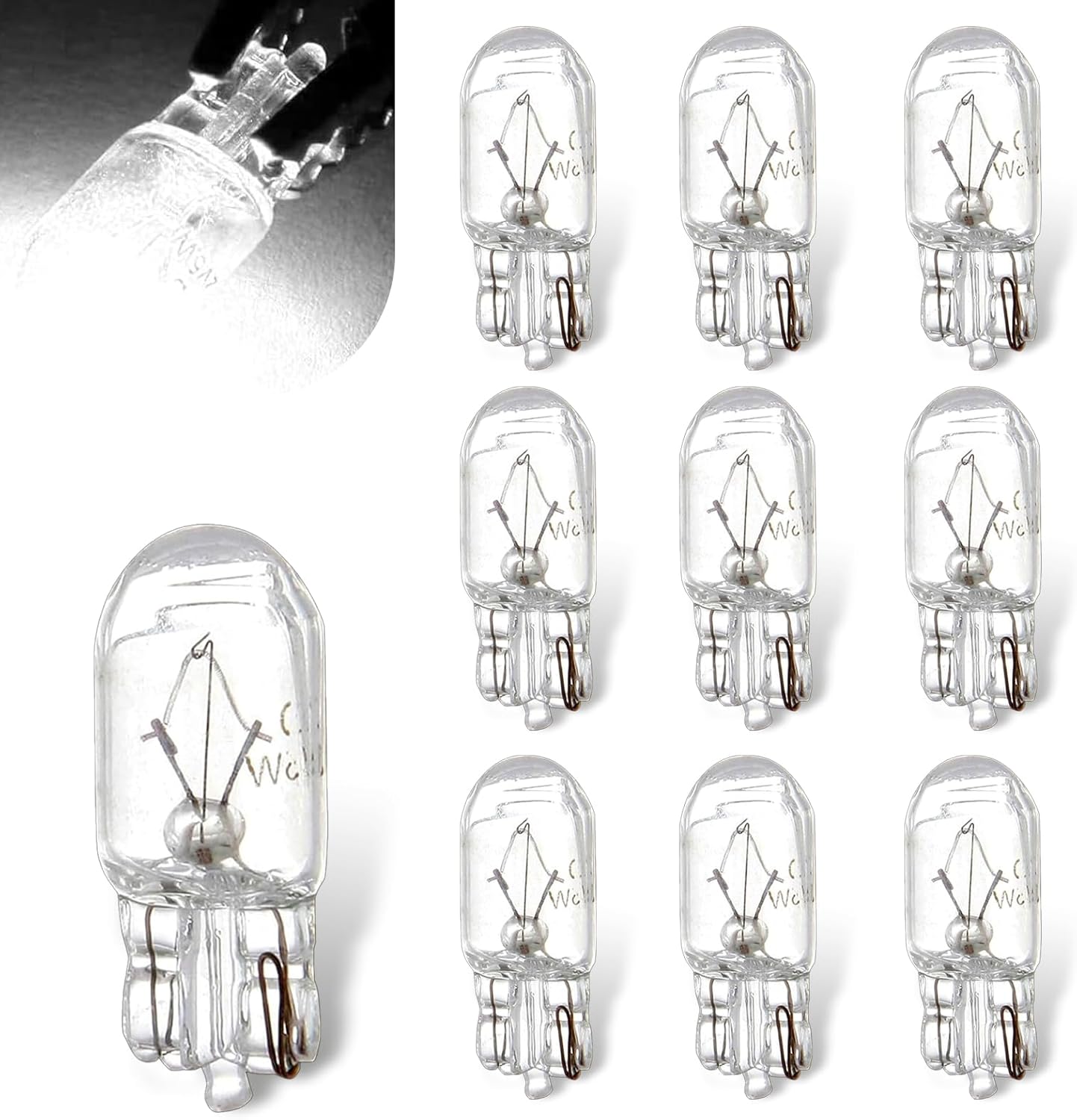 Qurbuns T10 Halogen Bulbs front view of ten pack automotive miniature indicators
