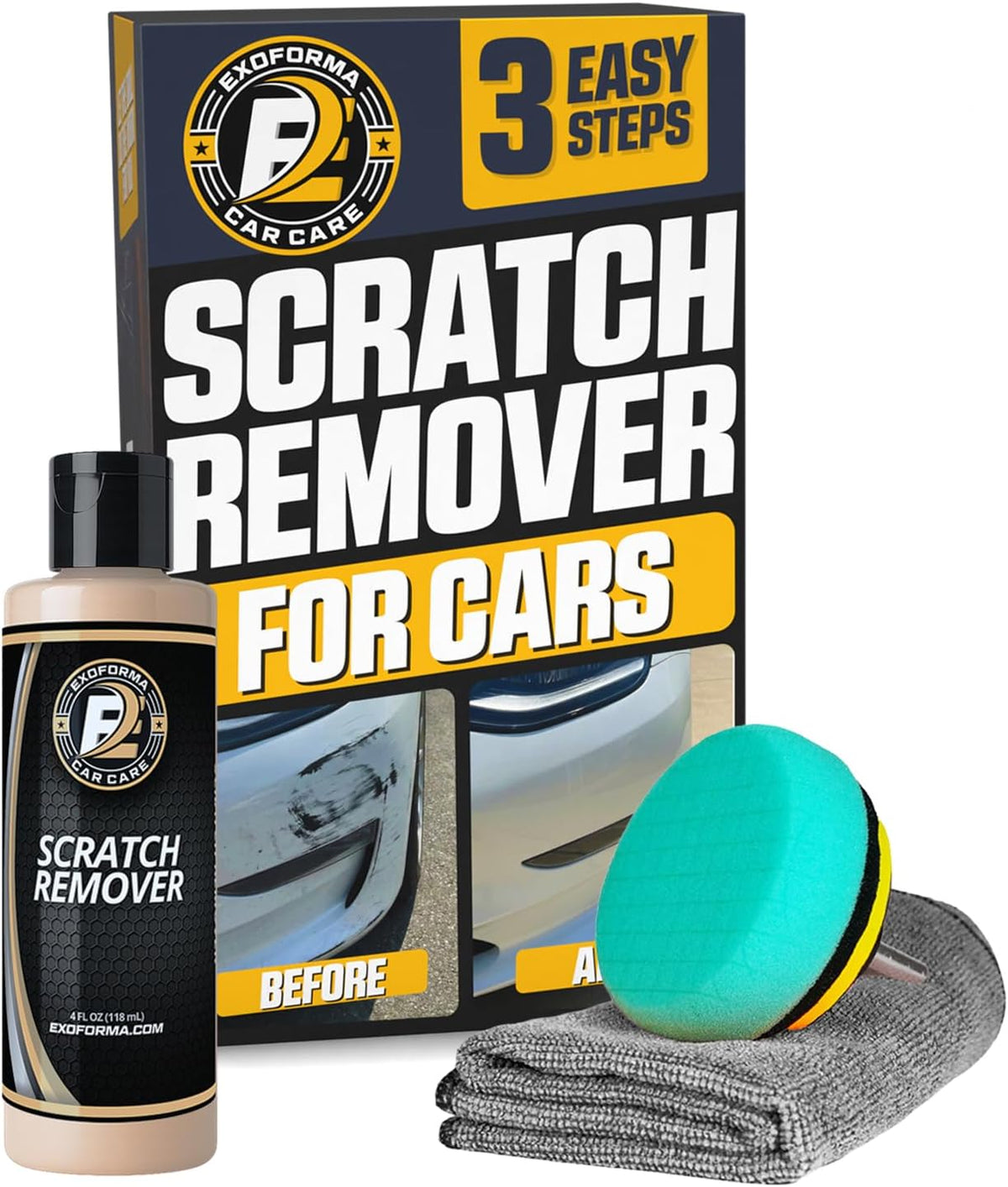 ExoForma Car Scratch Remover Kit front view showing the complete paint correction system bottle and components.