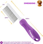 Ergonomic anti-slip rubberized handle grip on the purple dog and cat detangler brush.