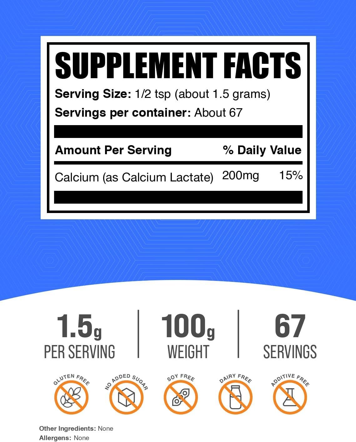 BulkSupplements food grade calcium lactate supplement nutritional facts label