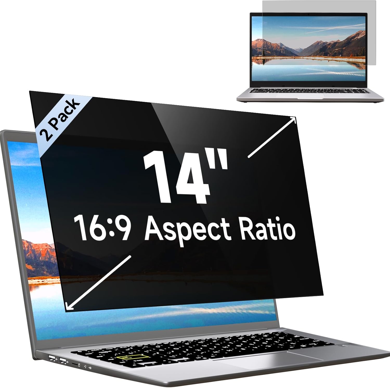 Mamol 14 Inch Laptop Privacy Screen two pack showing front view on a modern widescreen notebook computer display.