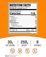 BulkSupplements unflavored plant based protein powder packaging showing nutrition facts and serving size