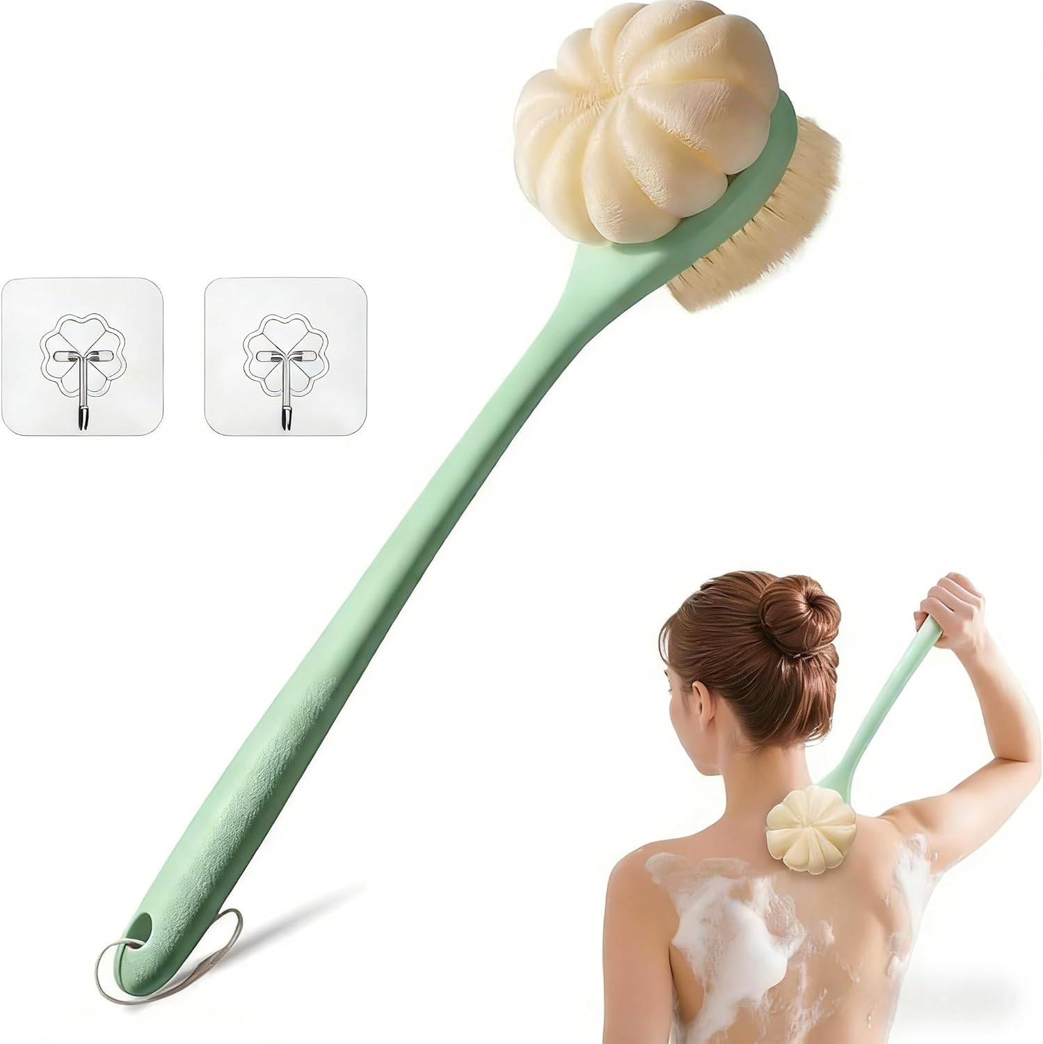 Cymphw back scrubber for shower with long handle and double-sided brush head