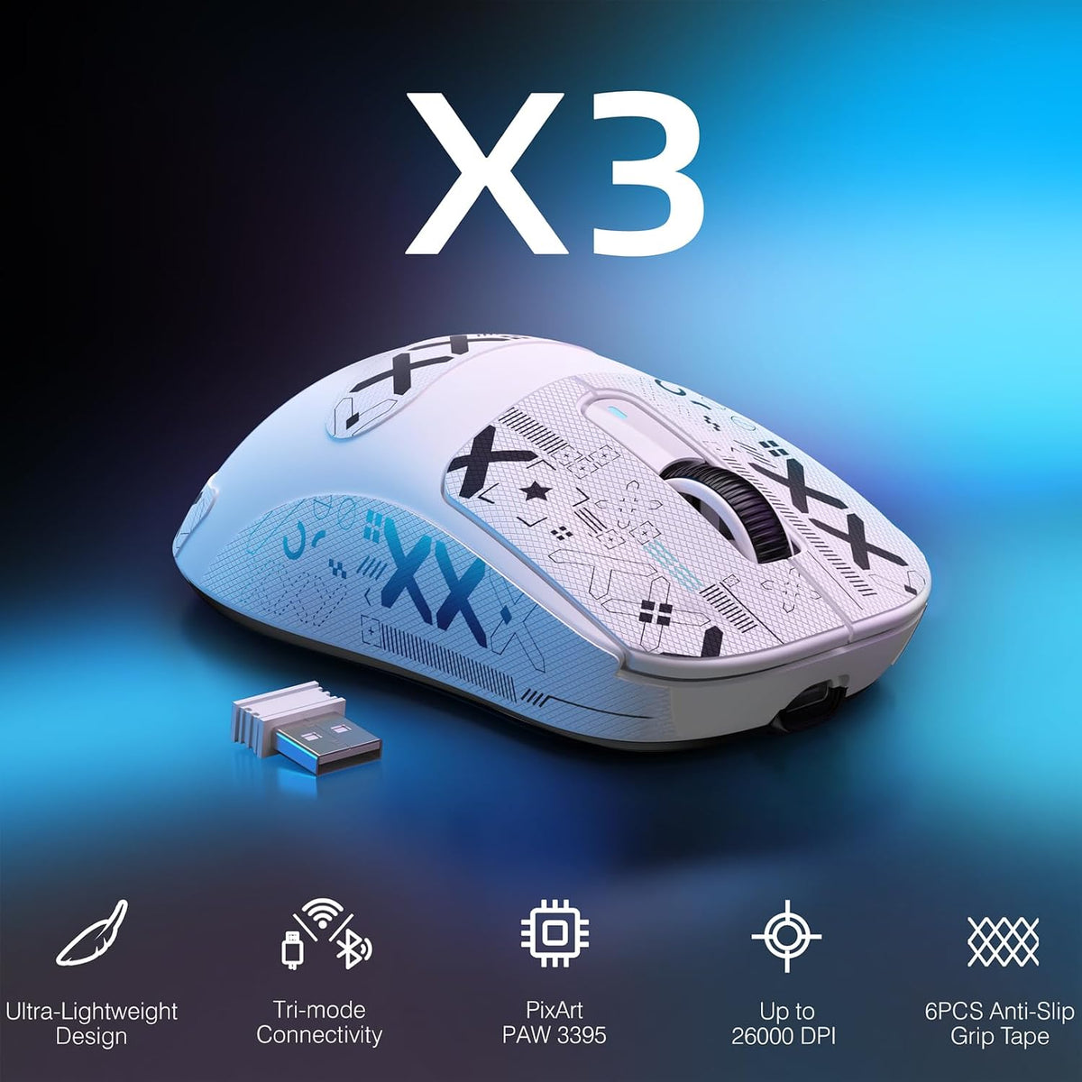Attack Shark X3 wireless mouse with grip tape stickers applied