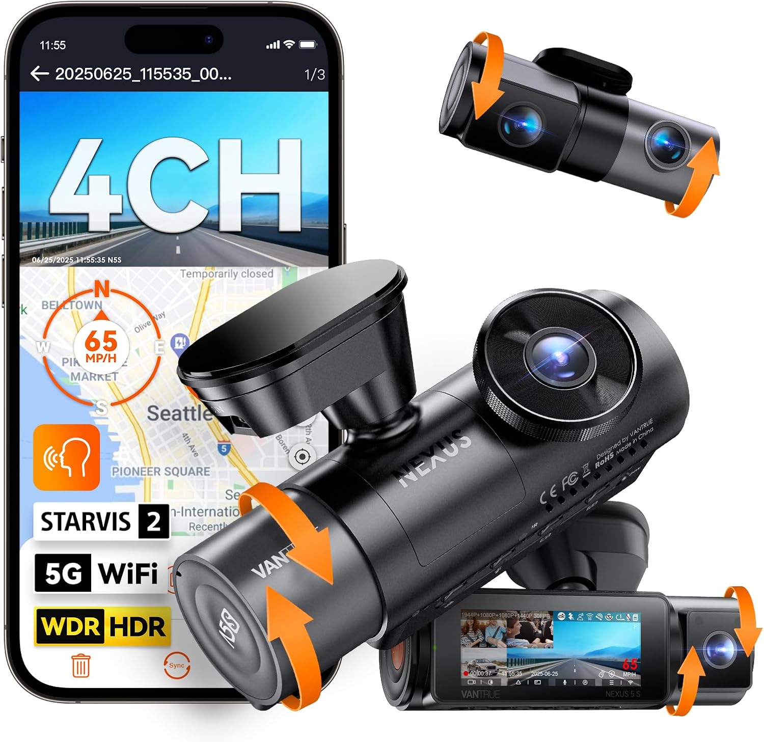 Vantrue N5S 4 channel dash cam front view showing main camera lens