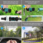 Step-by-step visual representation of securing the black water sprinkler hose to the outside poles of an enclosure net.