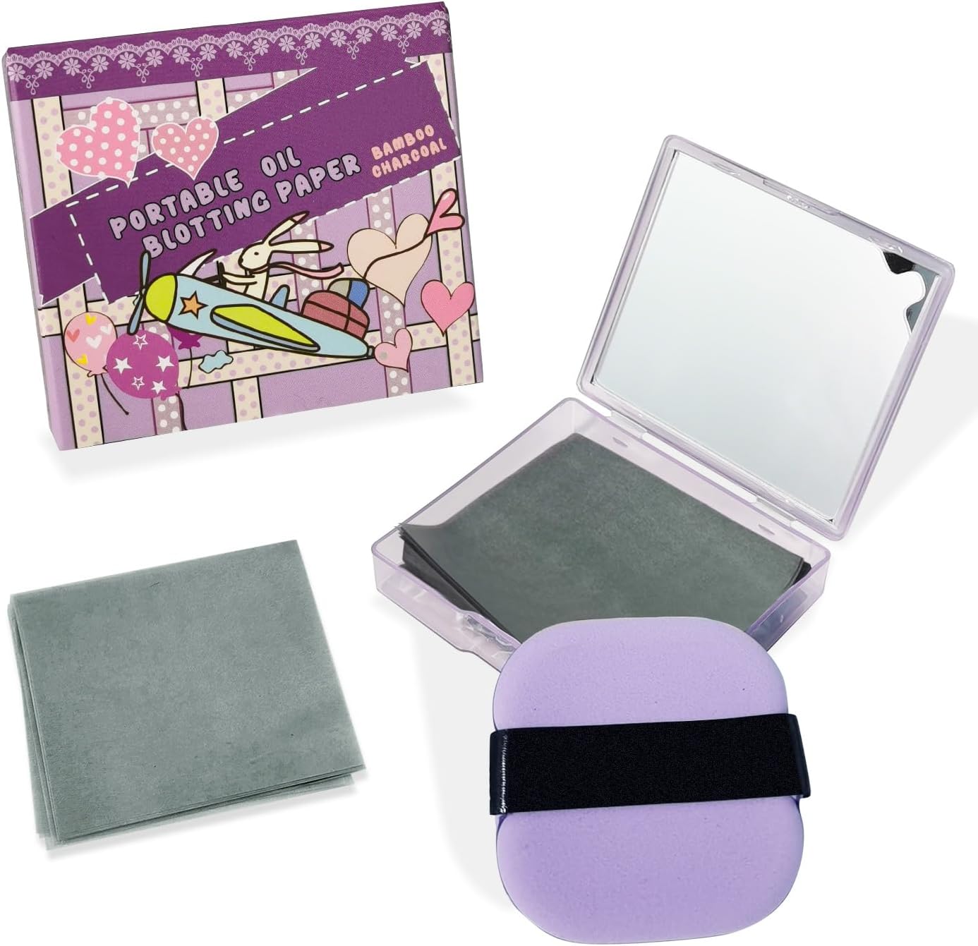 Borola 3-in-1 bamboo charcoal oil blotting paper set front view