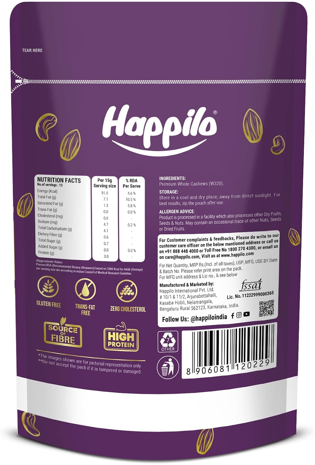 Happilo natural whole kaju nutritional info label