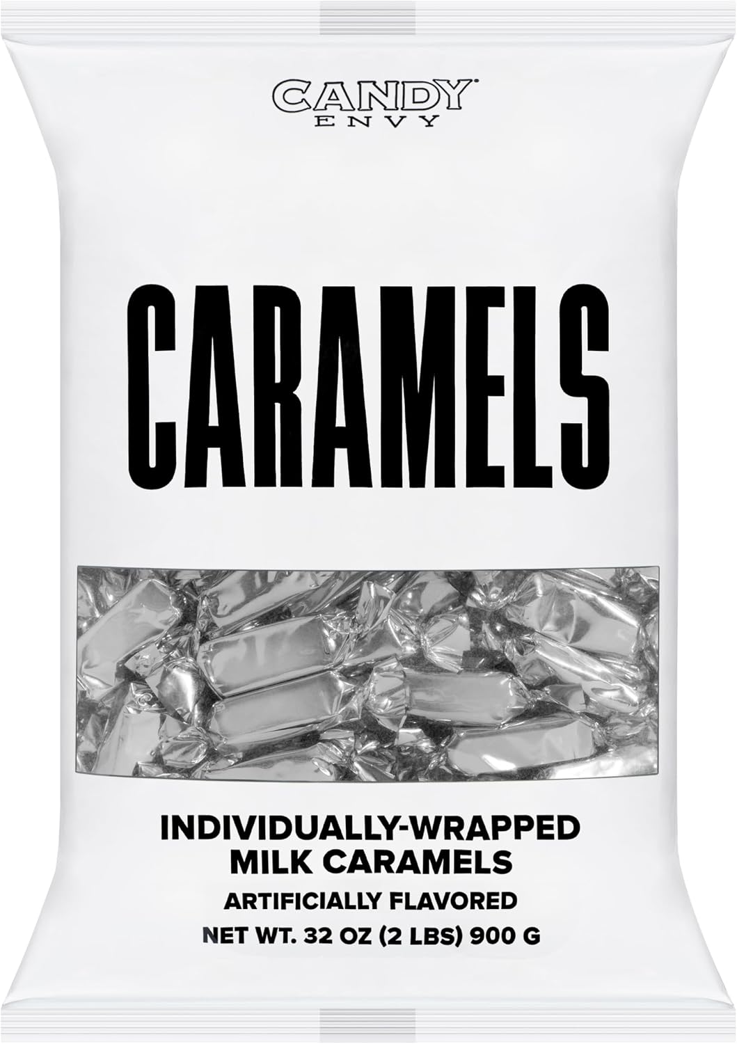 Candy Envy silver wrapped soft caramel candy pack highlighting the bulk event confectionery.