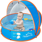 Peradix 4 in 1 baby beach tent and paddling pool front view showcasing the blue and orange design with sun canopy