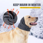 Grey pet headwear being used on a dog for food protection and cleanliness