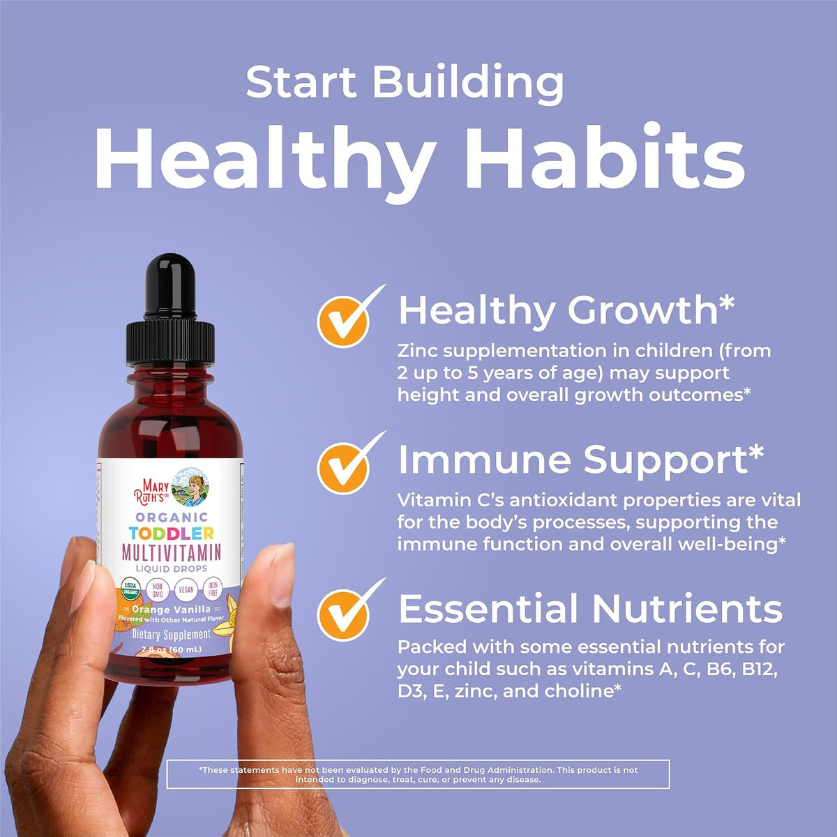 MaryRuth's toddler multivitamin drops lifestyle image with orange flavor graphic