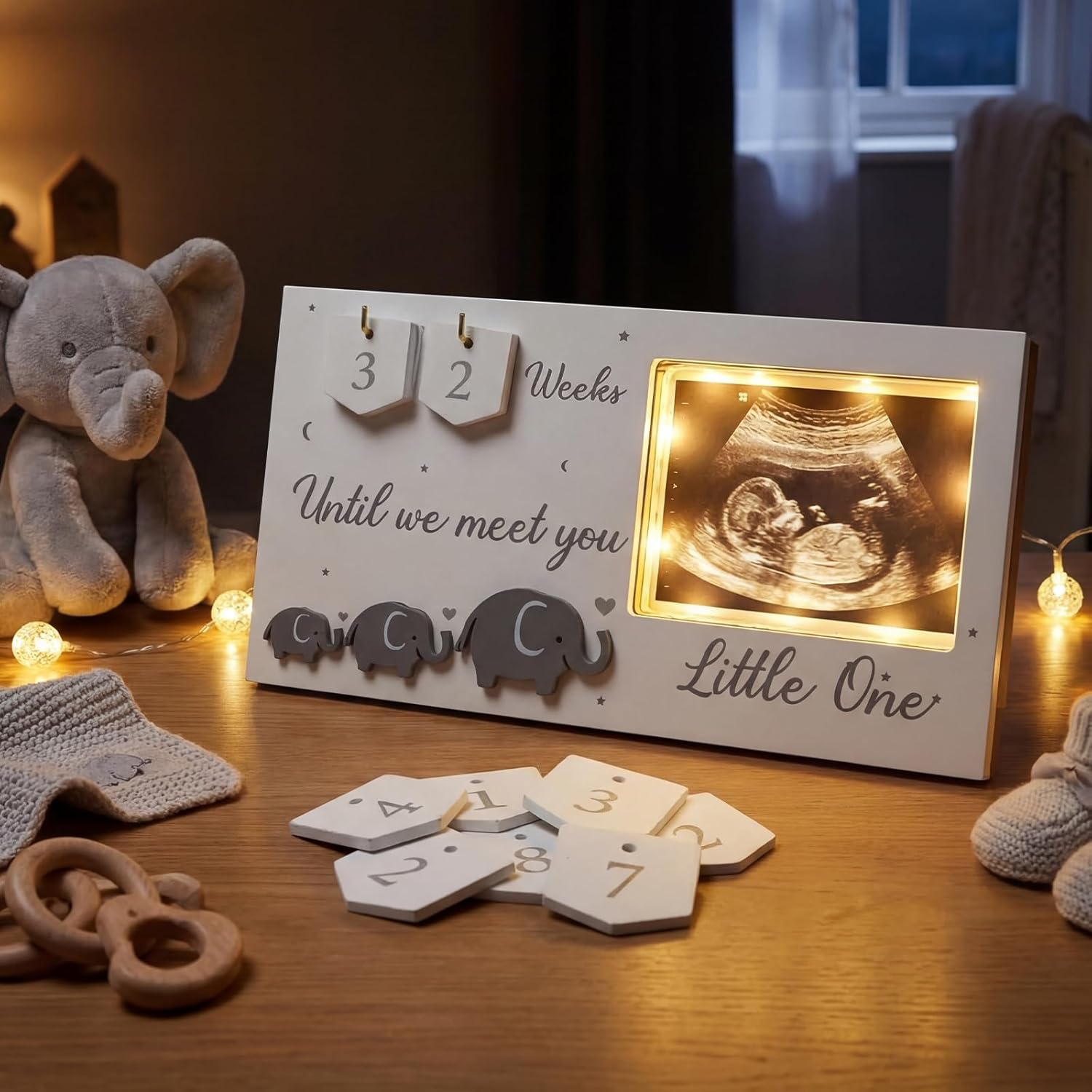 Lewtemi baby sonogram photo frame front view with illuminated LED light up ultrasound slot and wooden countdown tiles