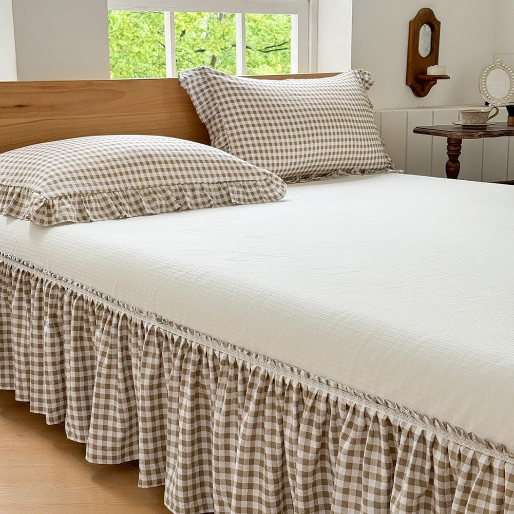 Nsnlgsgc tan gingham ruffled bed skirt front view