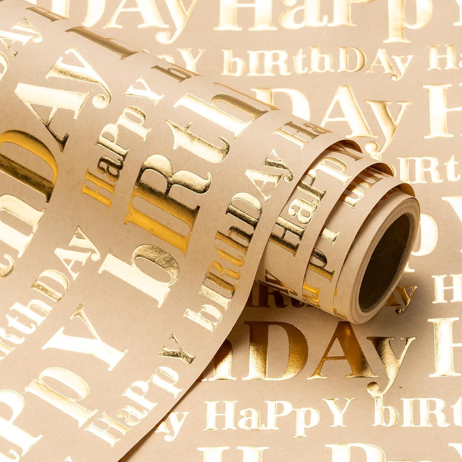 Wrapaholic 3D Kraft Birthday Wrapping Paper Roll front view showcasing metallic gold embossed lettering design