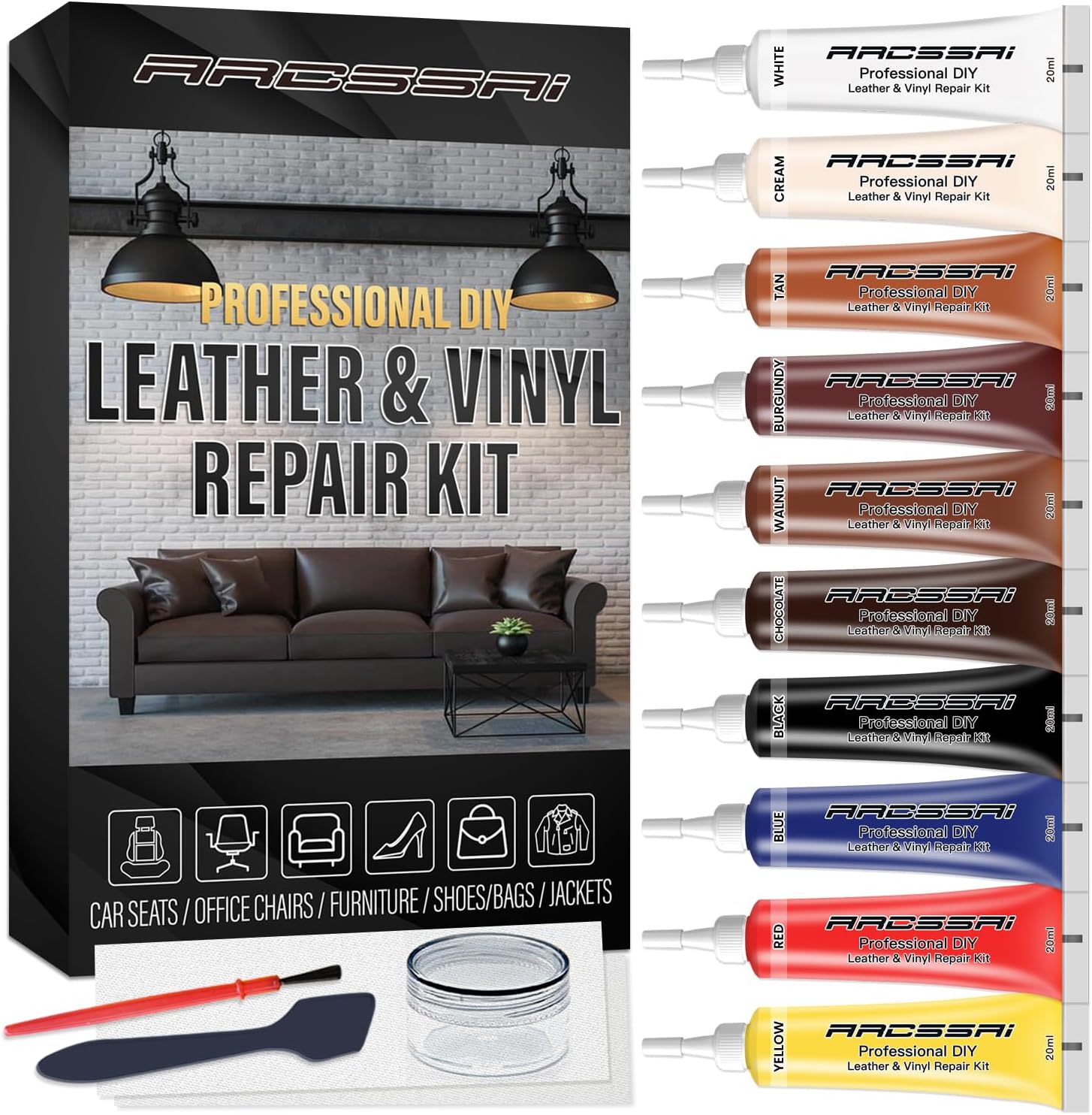 ARCSSAI professional leather and vinyl repair kit packaging front view showing color matching tubes.