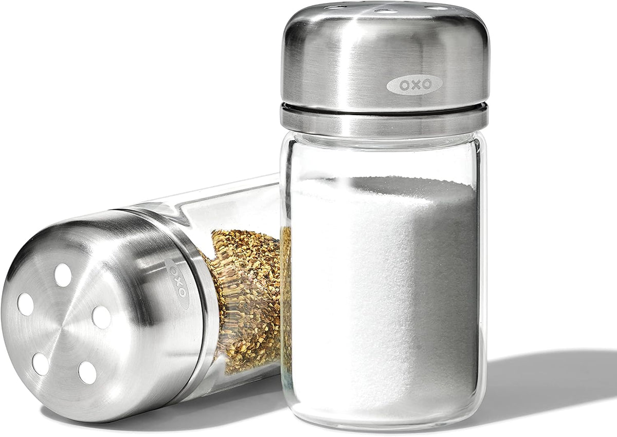 OXO glass adjustable salt and pepper shaker set front view