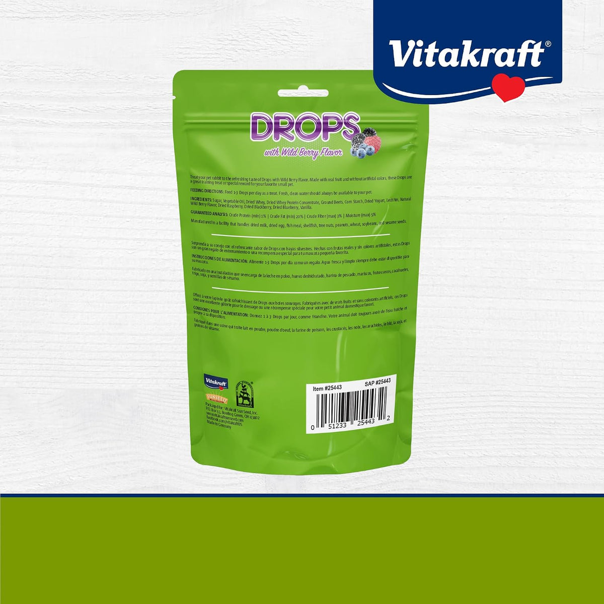 Wholesome vitakraft rabbit drops wildberry flavor treat nutritional information side