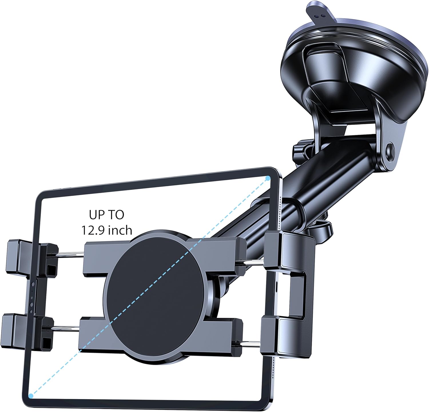 Coolpow universal tablet holder for car showing front view of the dashboard mount