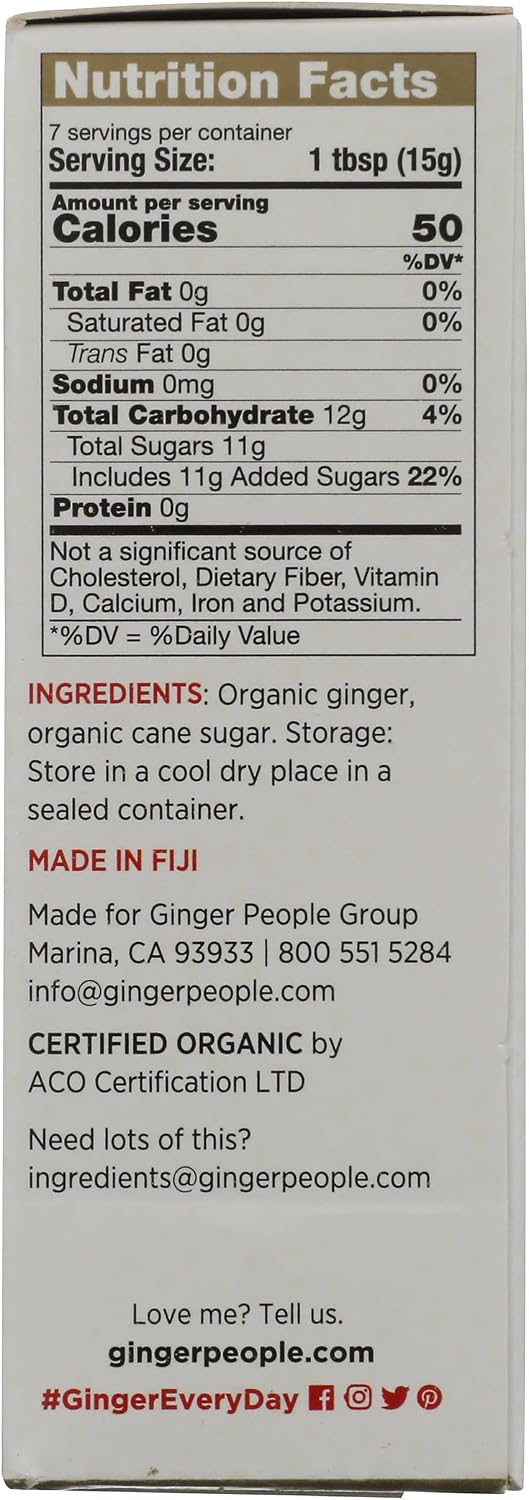 Side view of The Ginger People organic ginger candy box detailing nutritional information and clean ingredients.