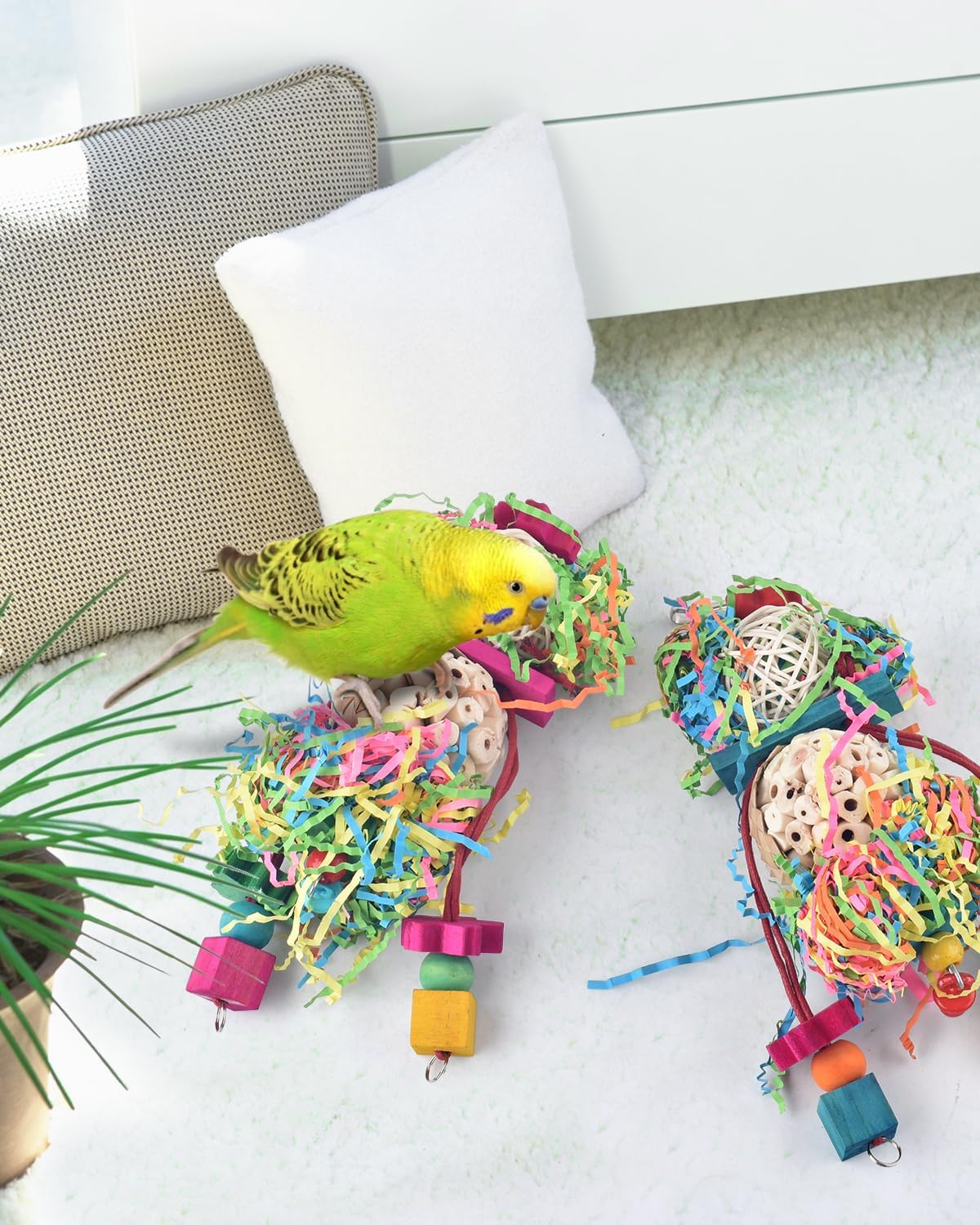 Close up of safe edible dyed components on bird toy
