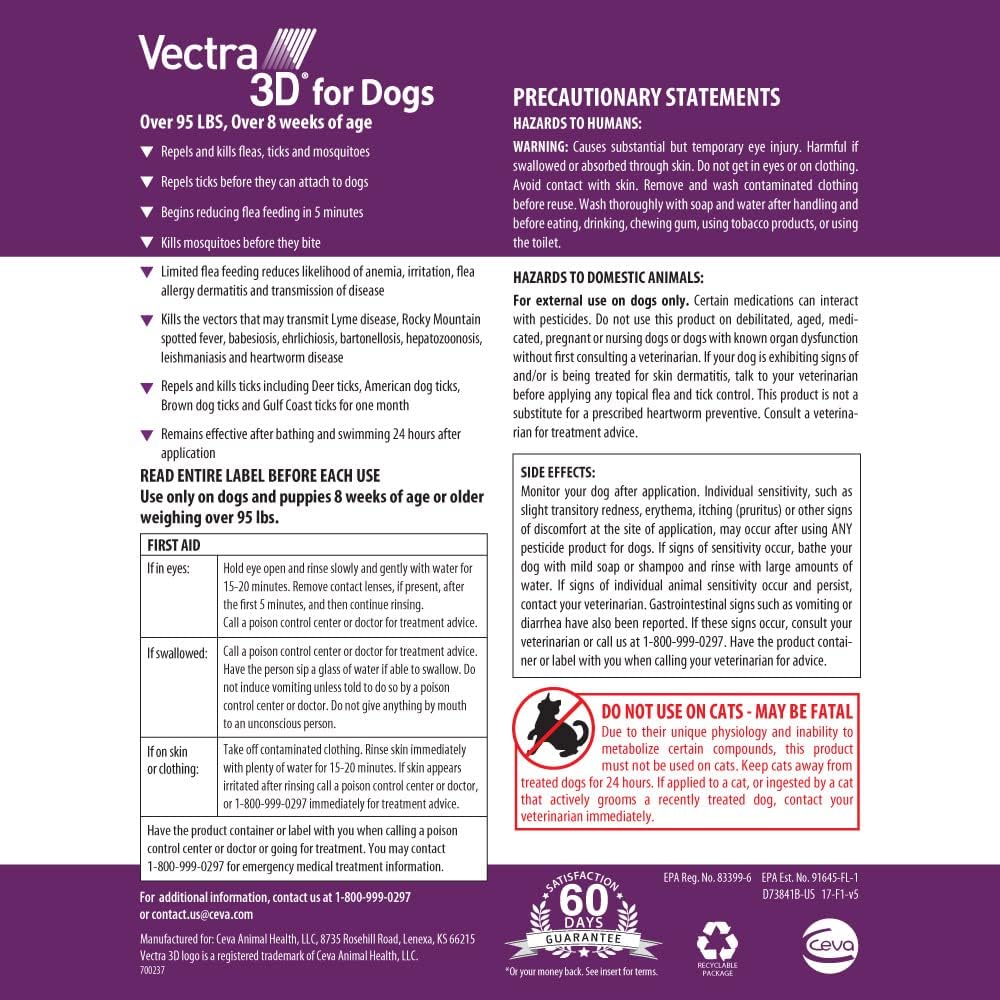 Vectra 3D monthly topical parasite treatment for dogs over ninety five pounds
