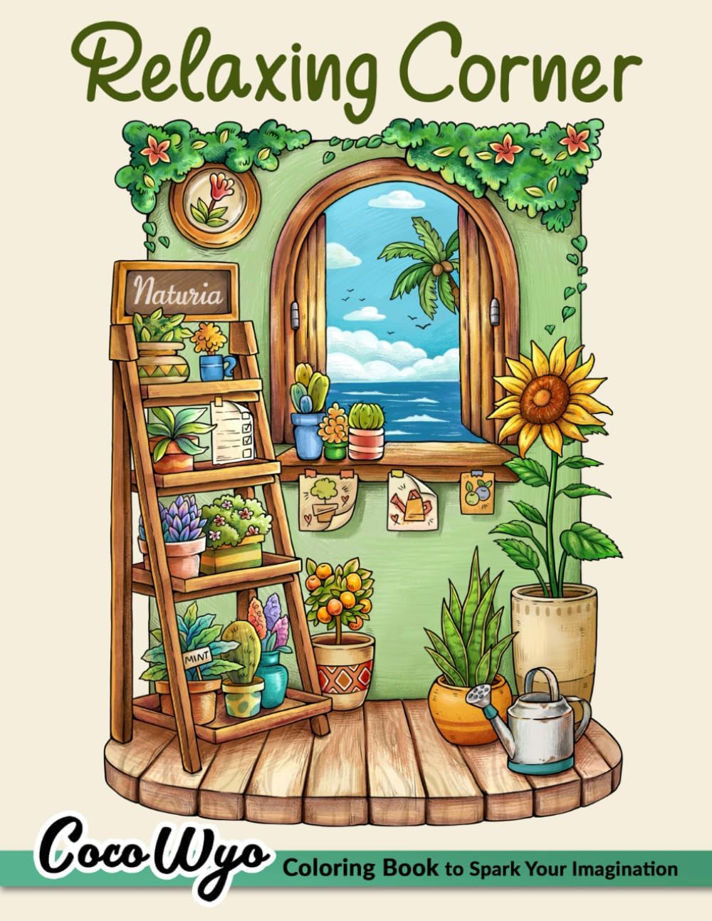 Coco Wyo Relaxing Corner adult coloring book front cover featuring cozy plant-filled window scene.