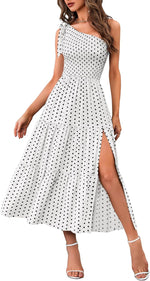 MEROKEETY Womens One Shoulder Smocked Summer Sleeveless Midi Dresses | Side Slit, Tiered, High Waist, Shoulder Tie, Flowy, A Line, Formal, Cocktail Party, Wedding Guest, Beach, Vacation Long Dress - Image 11