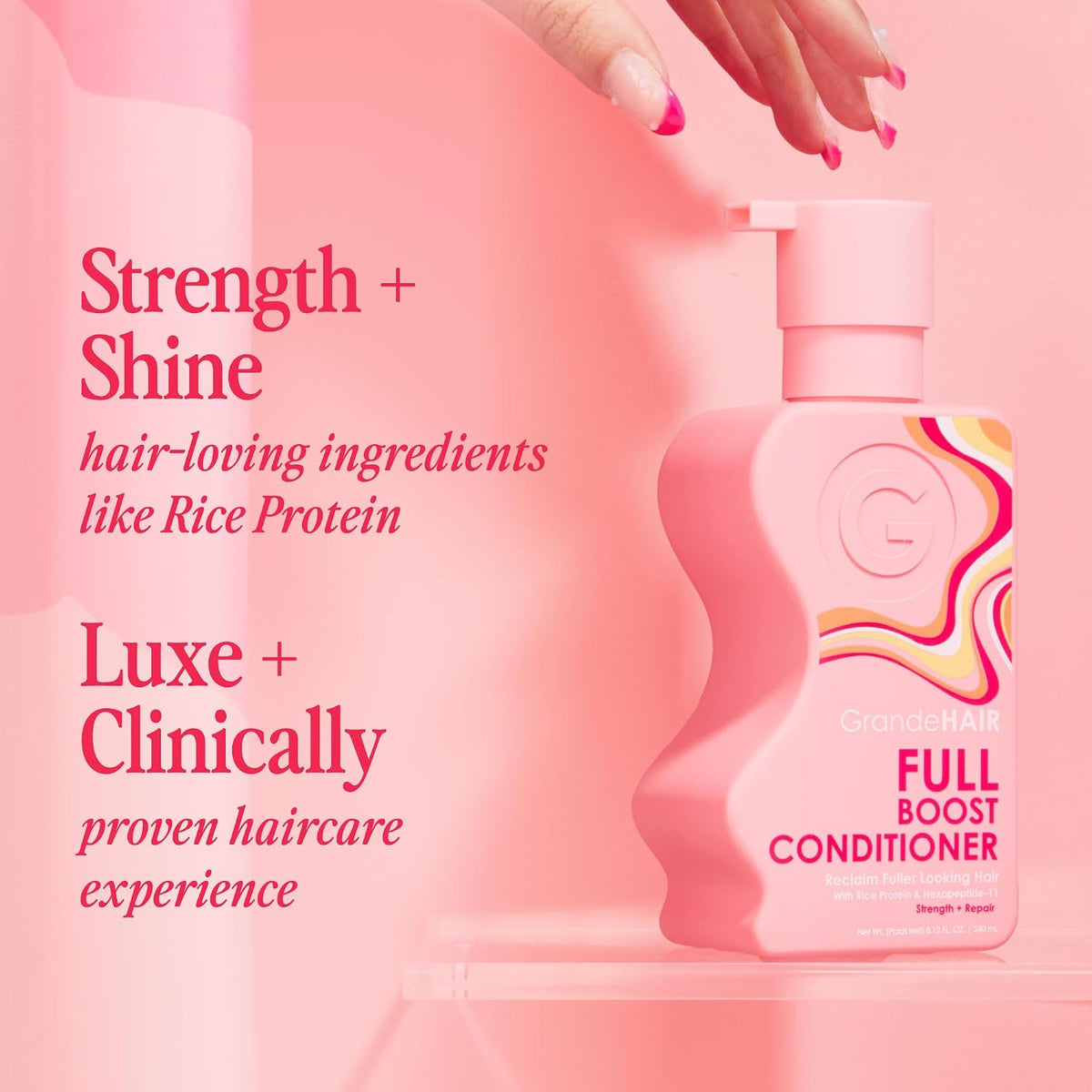 Grande Cosmetics GrandeHAIR Full Boost shampoo and conditioner side profile