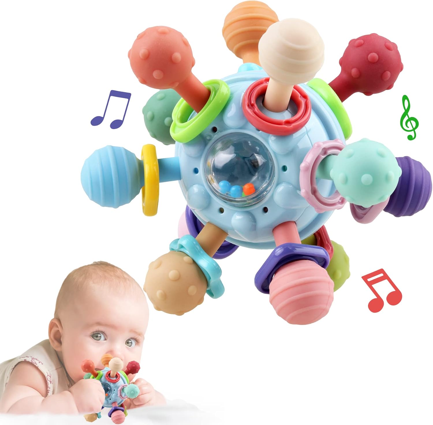 Anzimo baby sensory teething toy front view displaying multi colored textured silicone tips and internal rattle rings