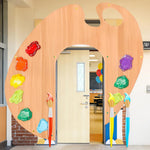 Demonwer art painting classroom door decorations set front view showcasing giant inflatable brushes and palette backdrop.