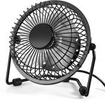 AMKEN small personal desk fan front view showcasing the black metal construction and protective grille structure.