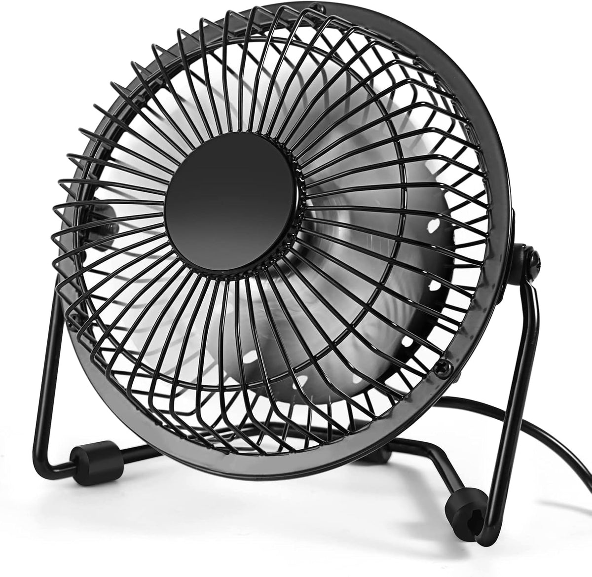 AMKEN small personal desk fan front view showcasing the black metal construction and protective grille structure.