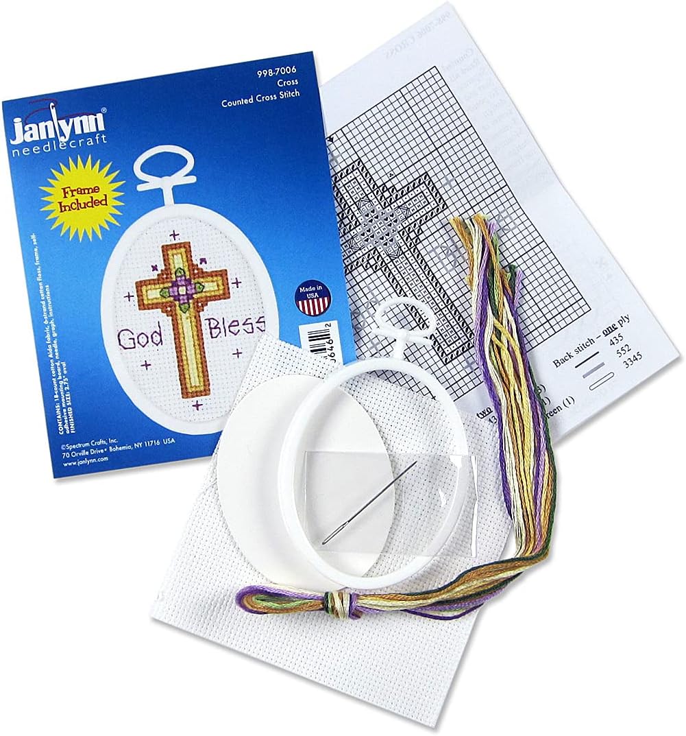 Janlynn cross stitch kit contents and frame components