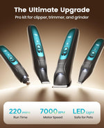 Ergonomic handle design of the low noise dog shaver being held for precision trimming.