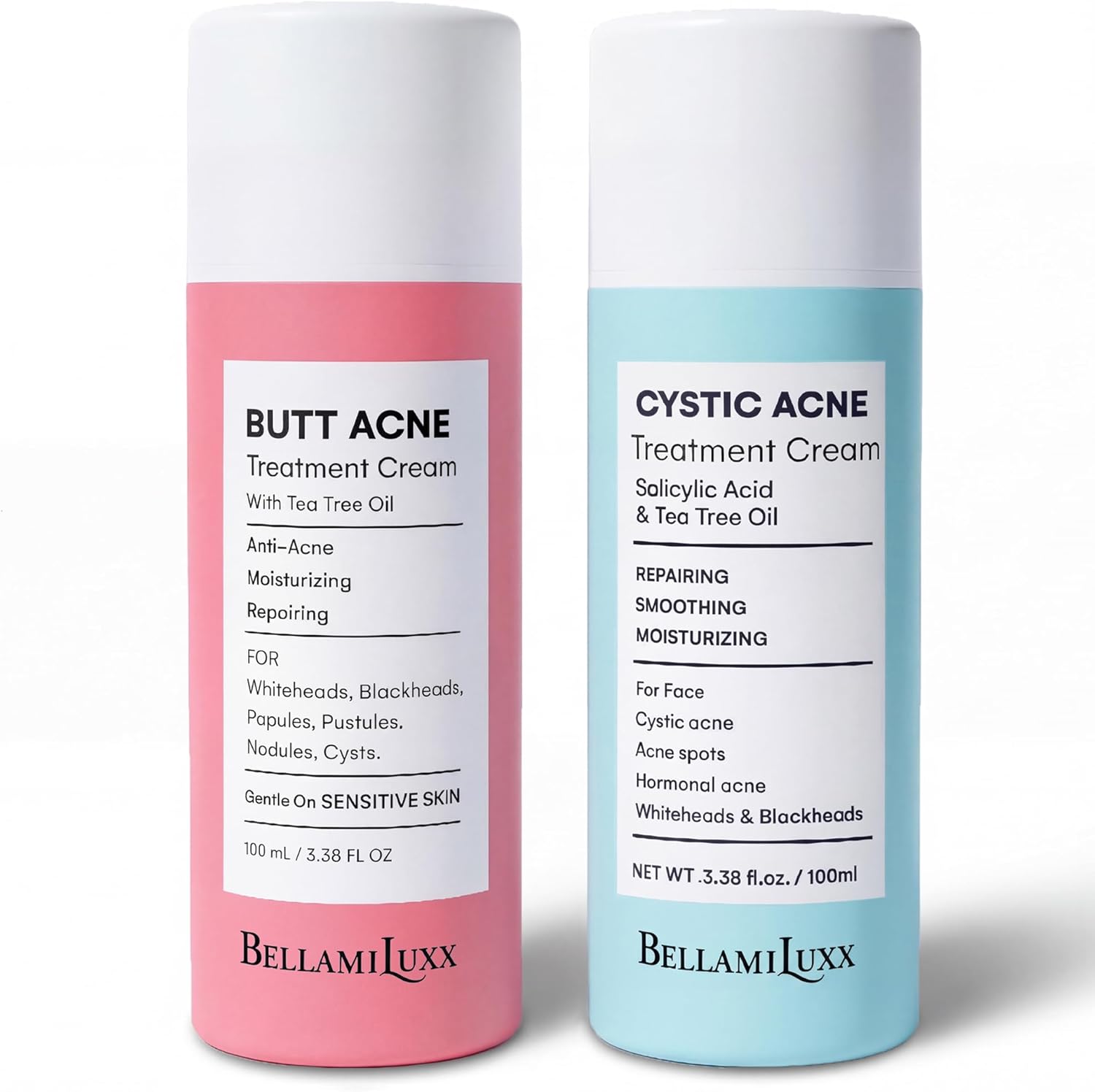 BellamiLuxx Face and Body Acne Treatment Set front view displaying both lotion bottles for deep breakout care