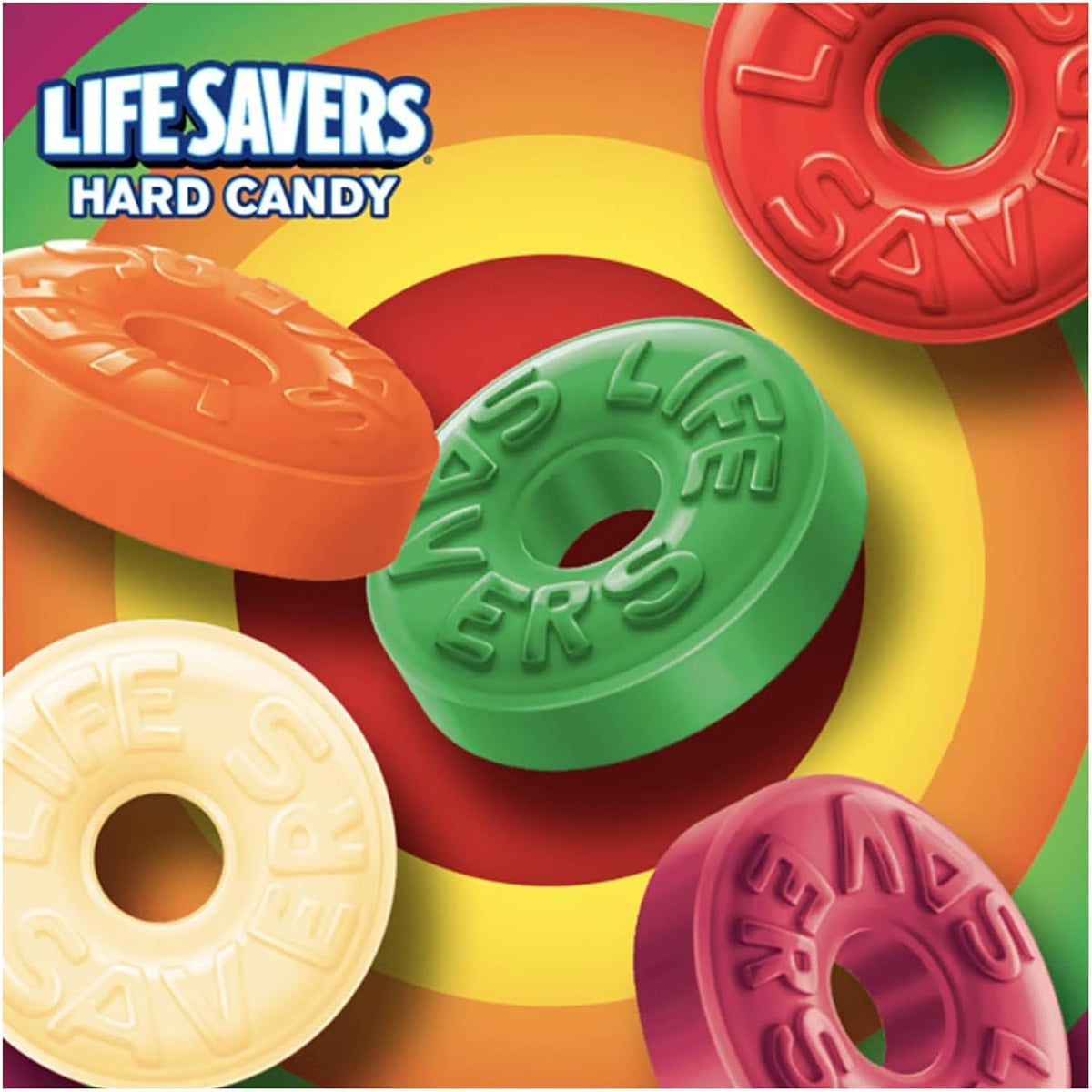 Life Savers ring shaped hard candies poured into a bowl