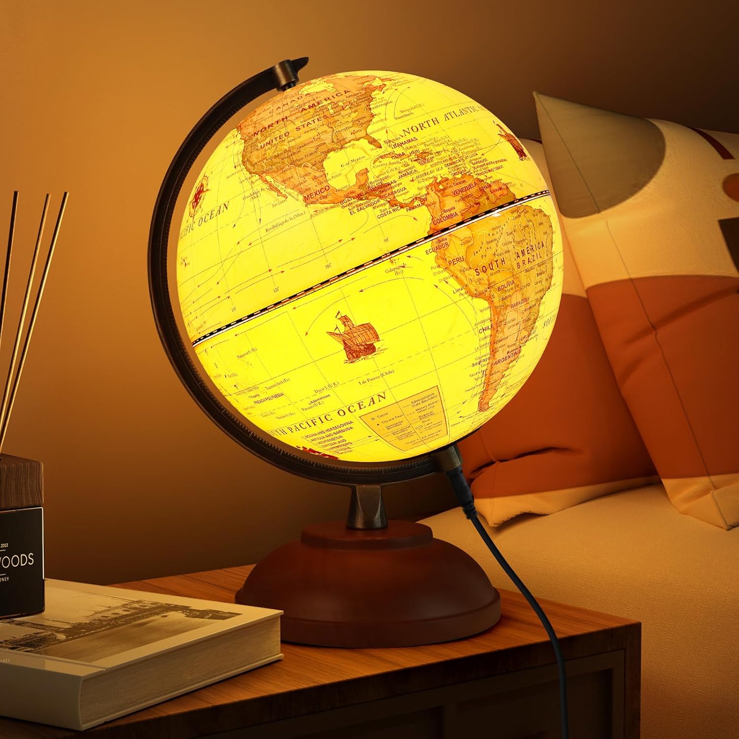 Jowhol 8 inch illuminated world globe front view on wooden stand