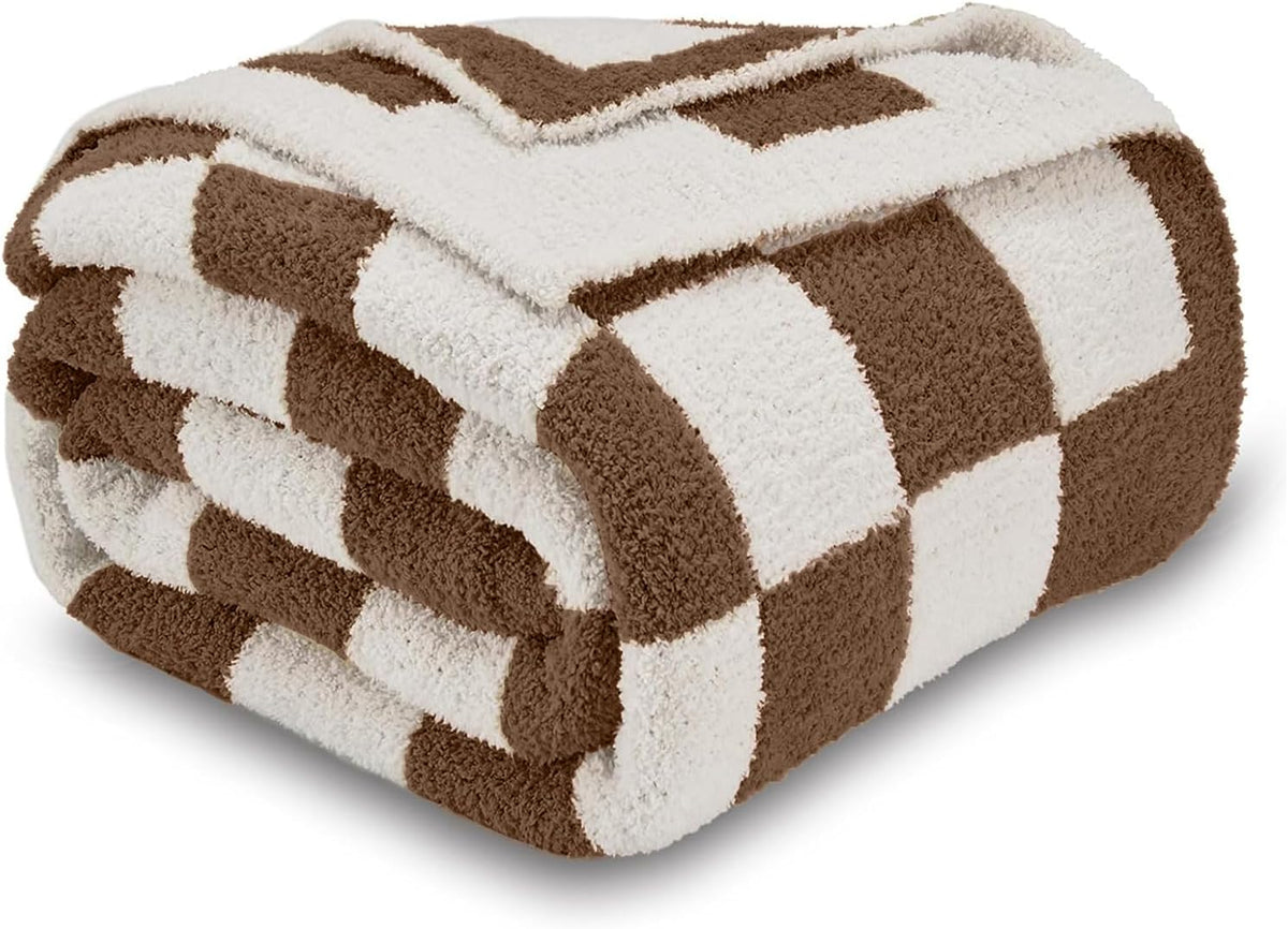 CozeCube Pink White Reversible Checkered Knit Throw Blanket 60"x80" | Super Soft Fullfy Microfiber Knitted Blankets , Warm Cozy Fuzzy Plush Throw, For Couch Bed Sofa - Image 9