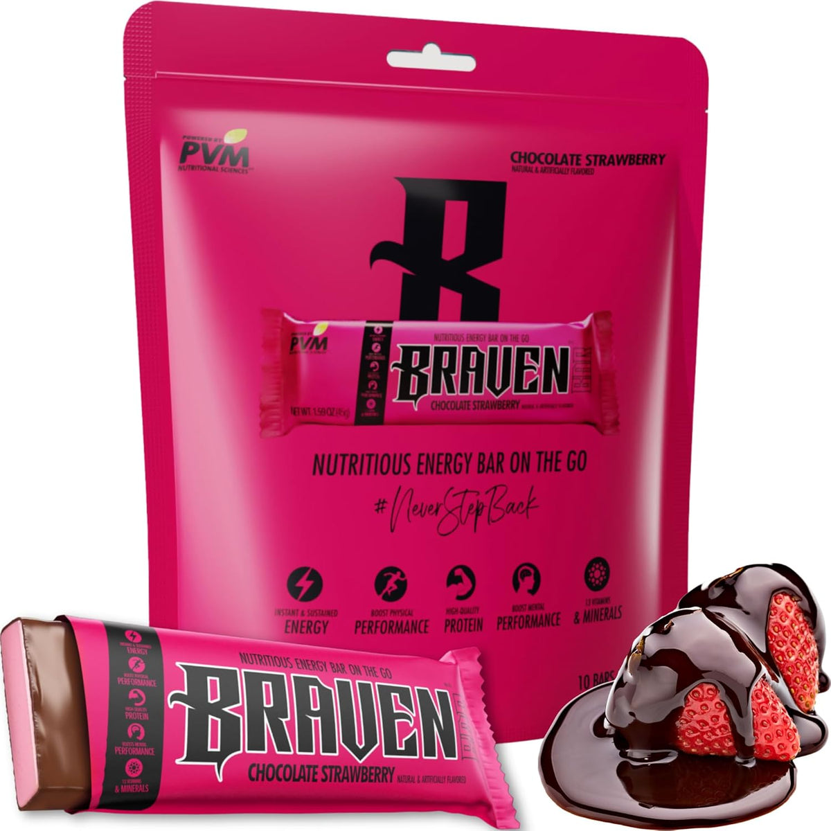 Braven Chocolate Strawberry Energy Bars front view of ten pack box