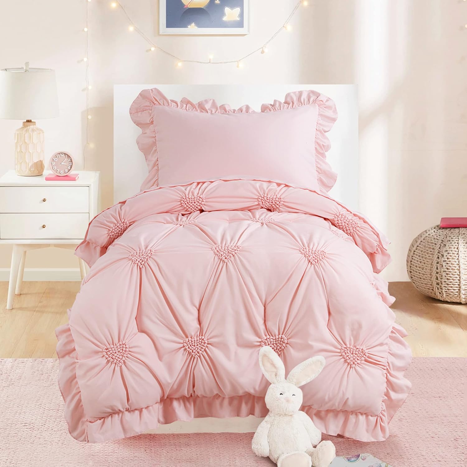 HOMBYS pink princess toddler bedding set front view showcasing the blush pinch pleat comforter with ruffles.