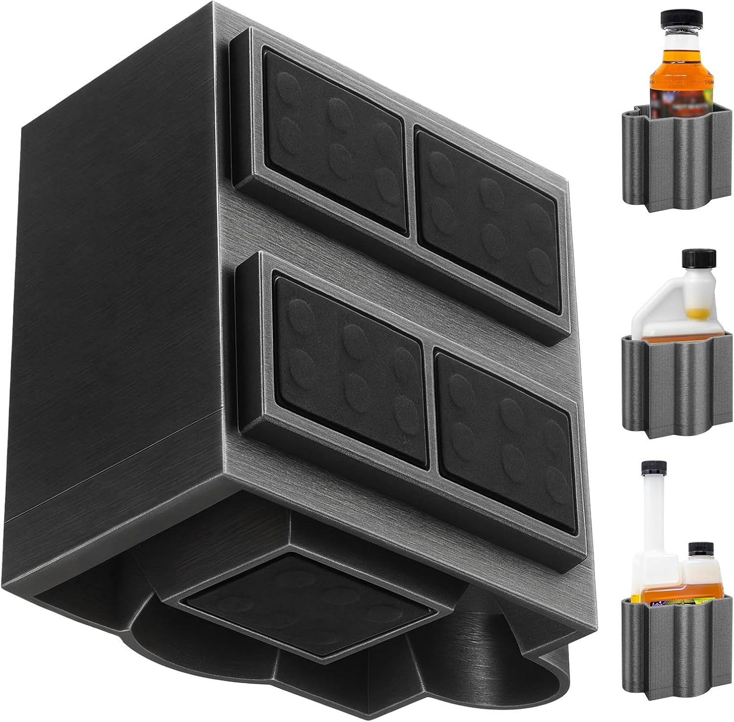 Woorhive magnetic diesel additive holder front view securing a sixteen ounce squeeze bottle on a metal surface.