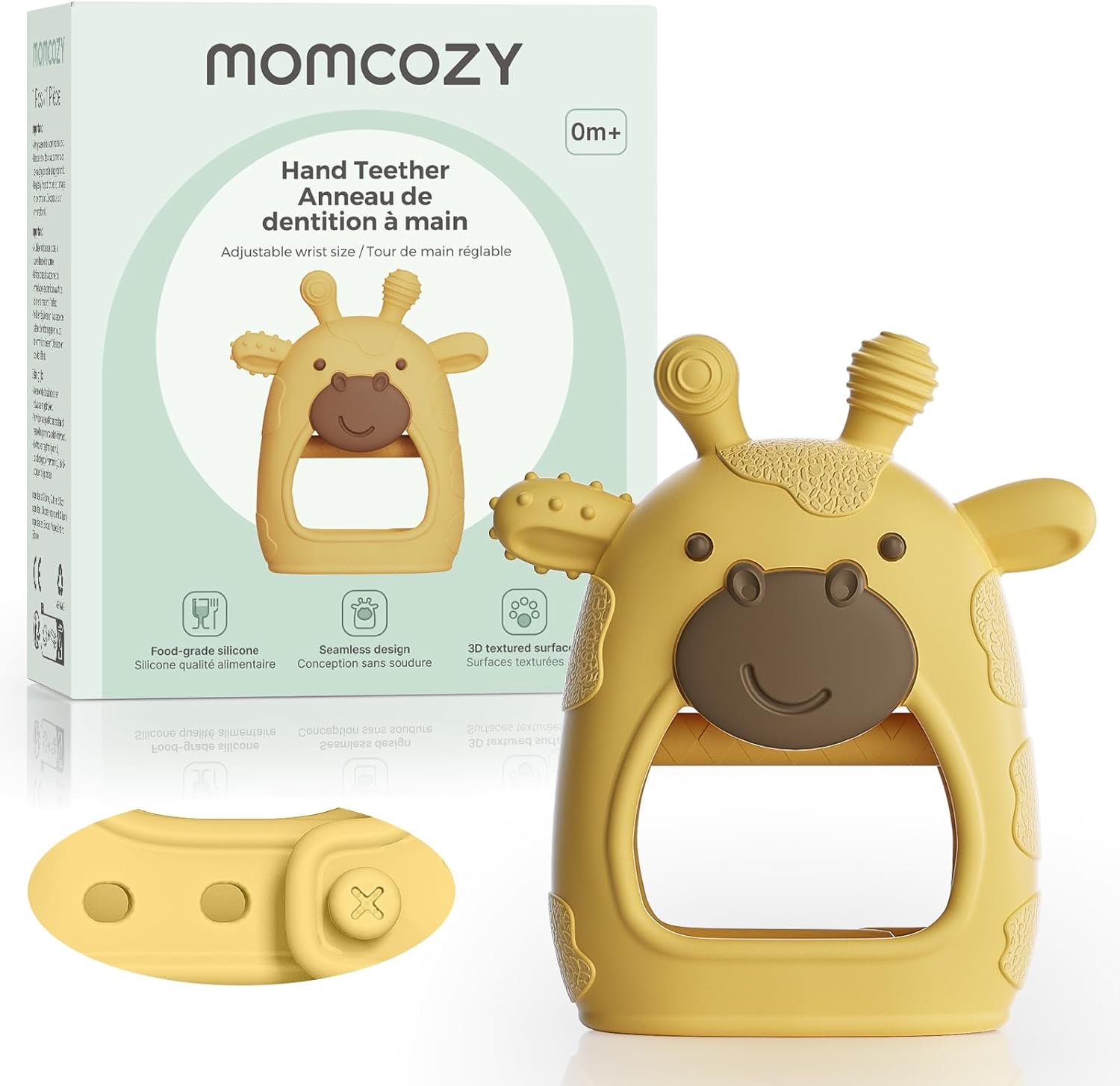 Momcozy baby teether toy front view showcasing yellow giraffe design.
