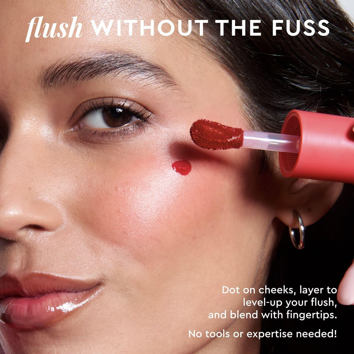 Glow Recipe liquid blush serum swatched on skin showing the buildable translucent soft red cherry flush tint