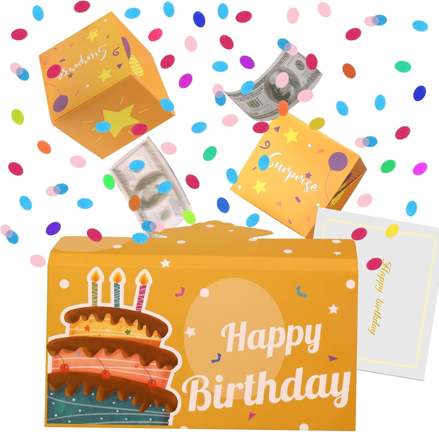 BABORUI pop up birthday card front view showing the decorative surprise box opening with flying confetti cubes.