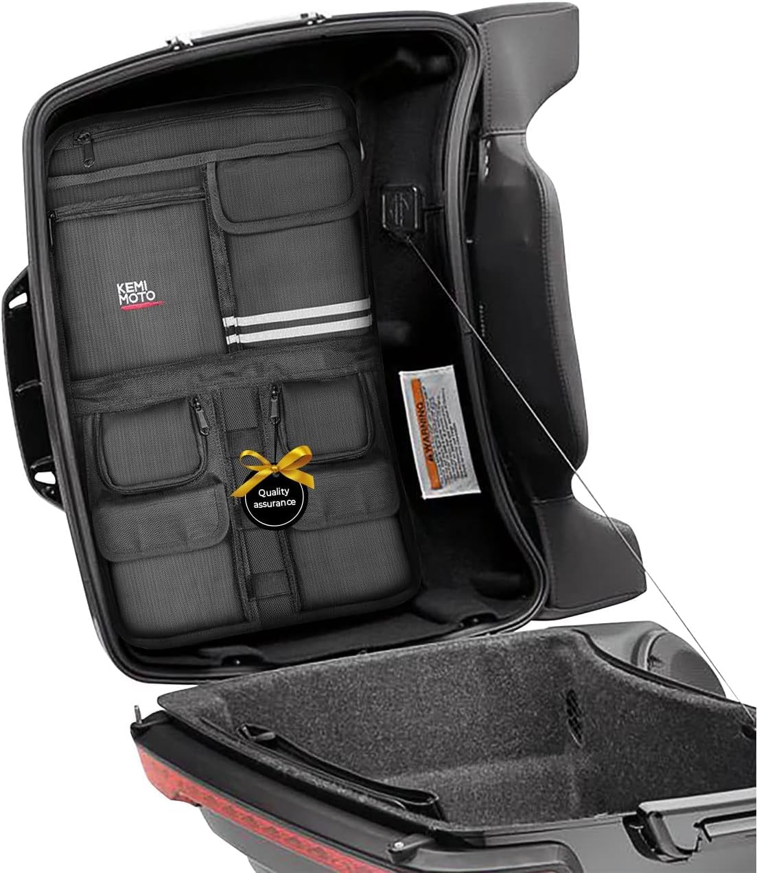 KEMIMOTO Tour Pack Lid Organizer front view installed inside a motorcycle trunk lid