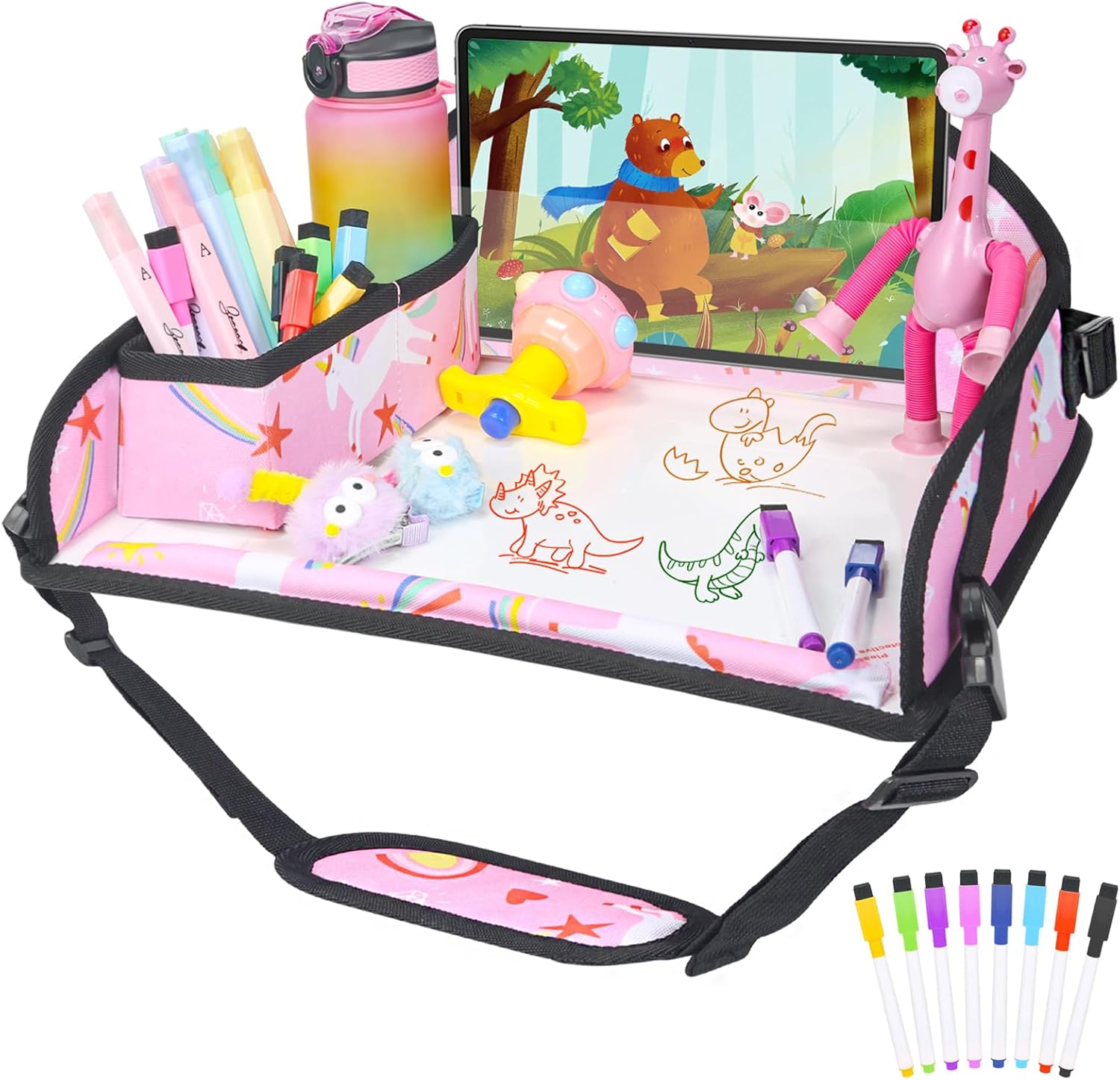 DxTing kids travel tray front view showing pink unicorn design and dry erase surface